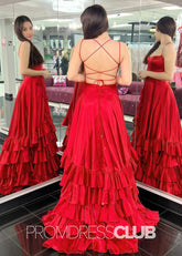 Hedy | A Line Lace - Up Ruffle Long Red Prom Dress - Red - PromDressClub